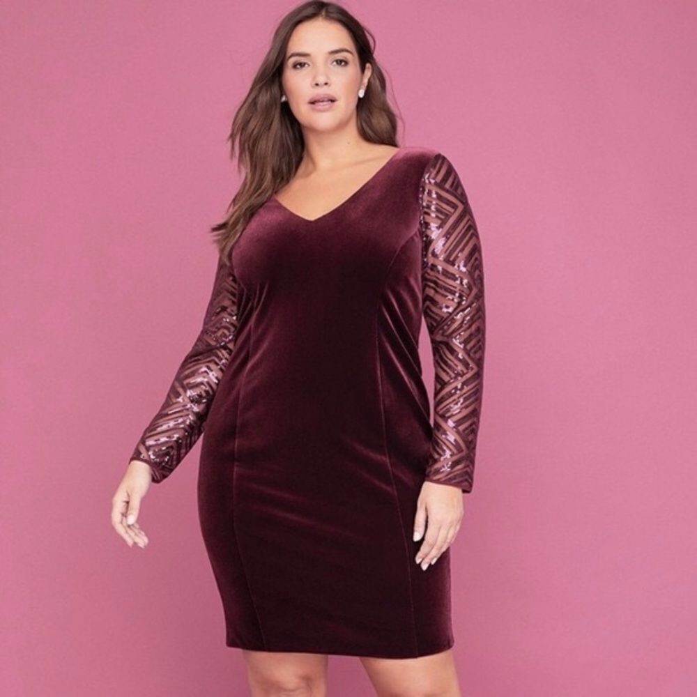 Lane Bryant Wine Red Sequin Sleeve Velvet Double V-Neck Sheath Dress Size 16